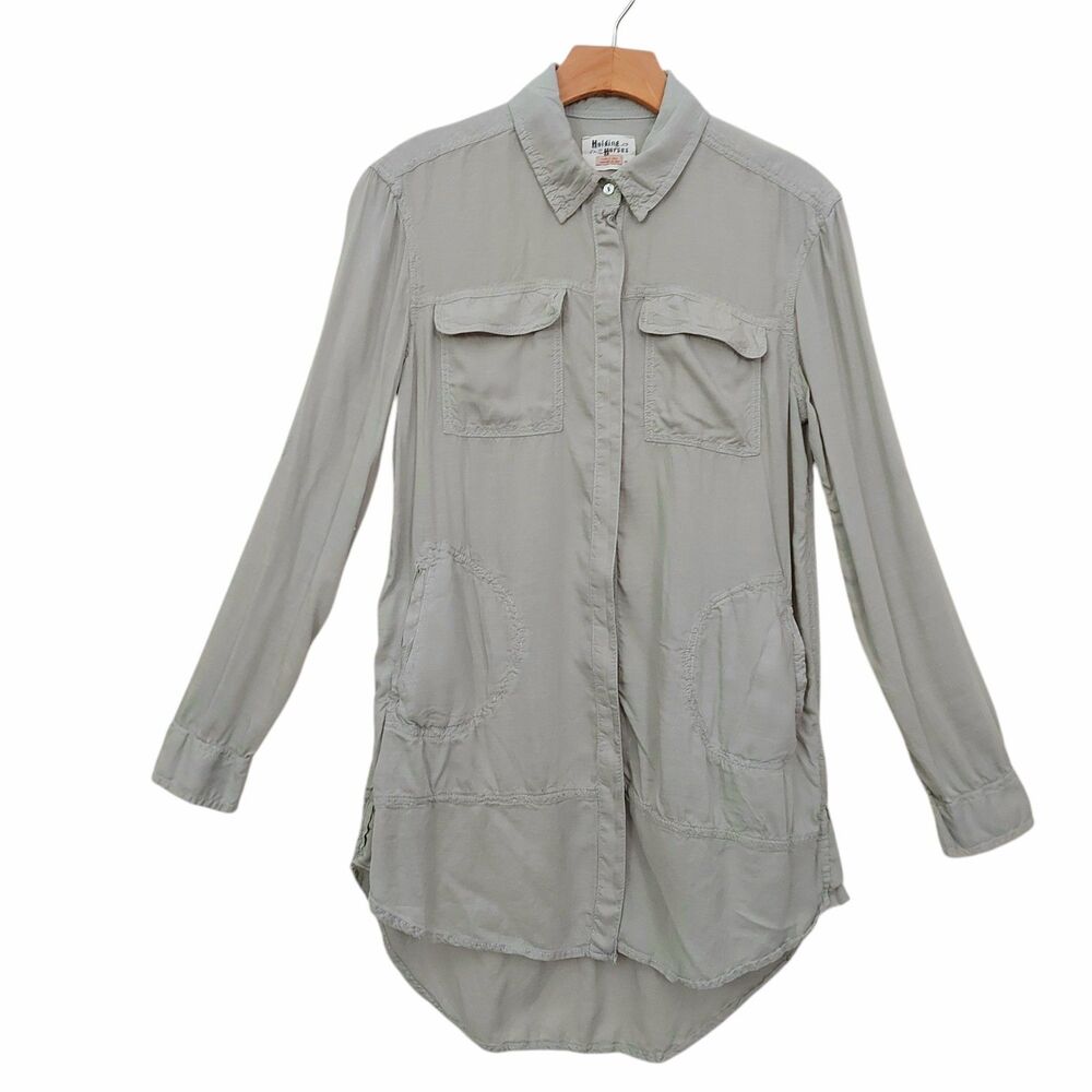 Anthropologie Holding Horses Tunic Womens XS Green Roll Tab Sleeve Relaxed Fit